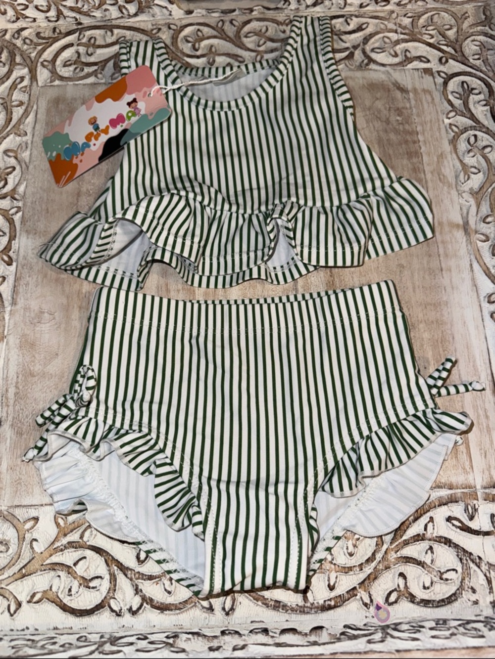 Girls' Green & White Striped Ruffle Bikini Set